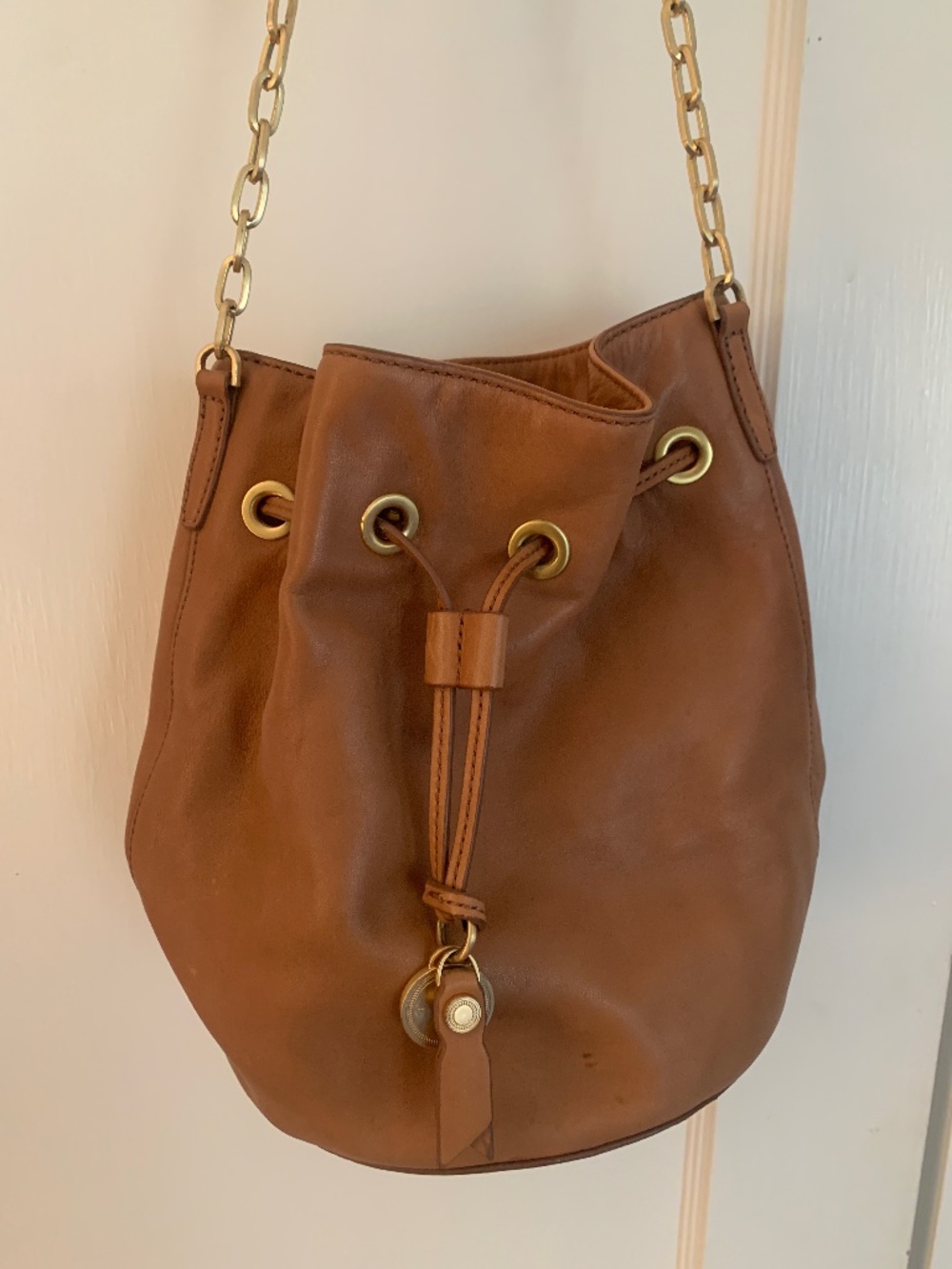 T Tahari Leather Bucket Bag with Gold Hardware